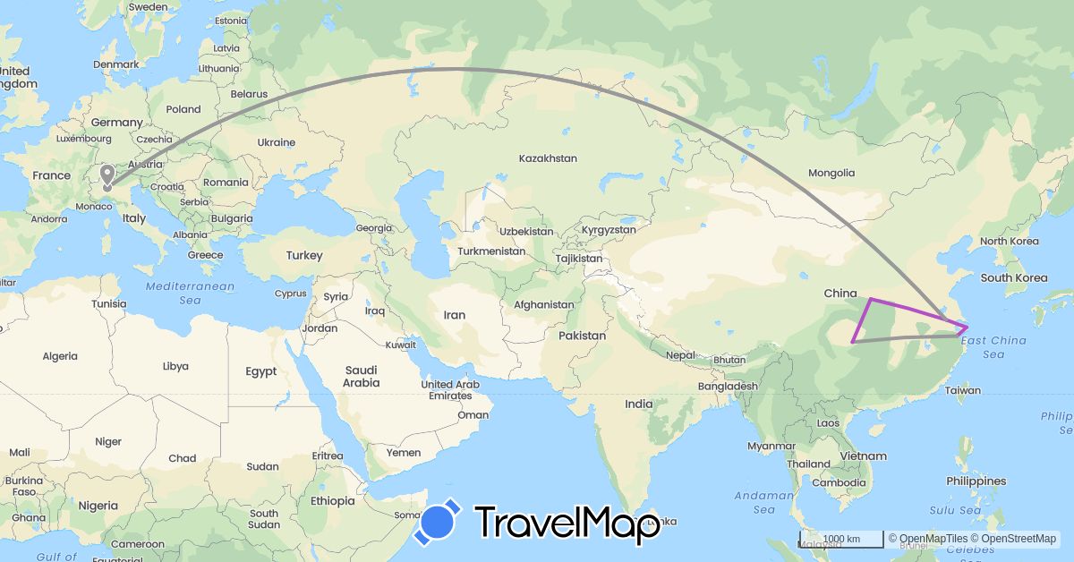 TravelMap itinerary: driving, plane, train in China, Italy (Asia, Europe)